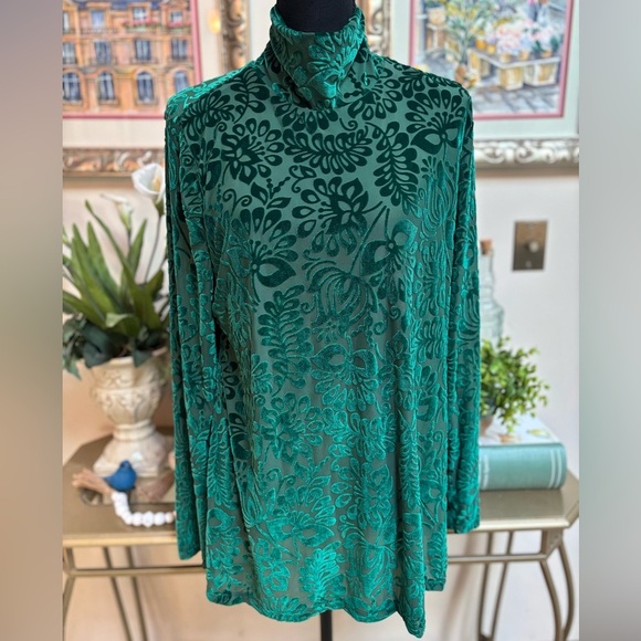 Soft Surroundings Tops - SOFT SURROUNDINGS Green Floral Print Velvet Turtleneck Long Sleeve Top SZ L NWT